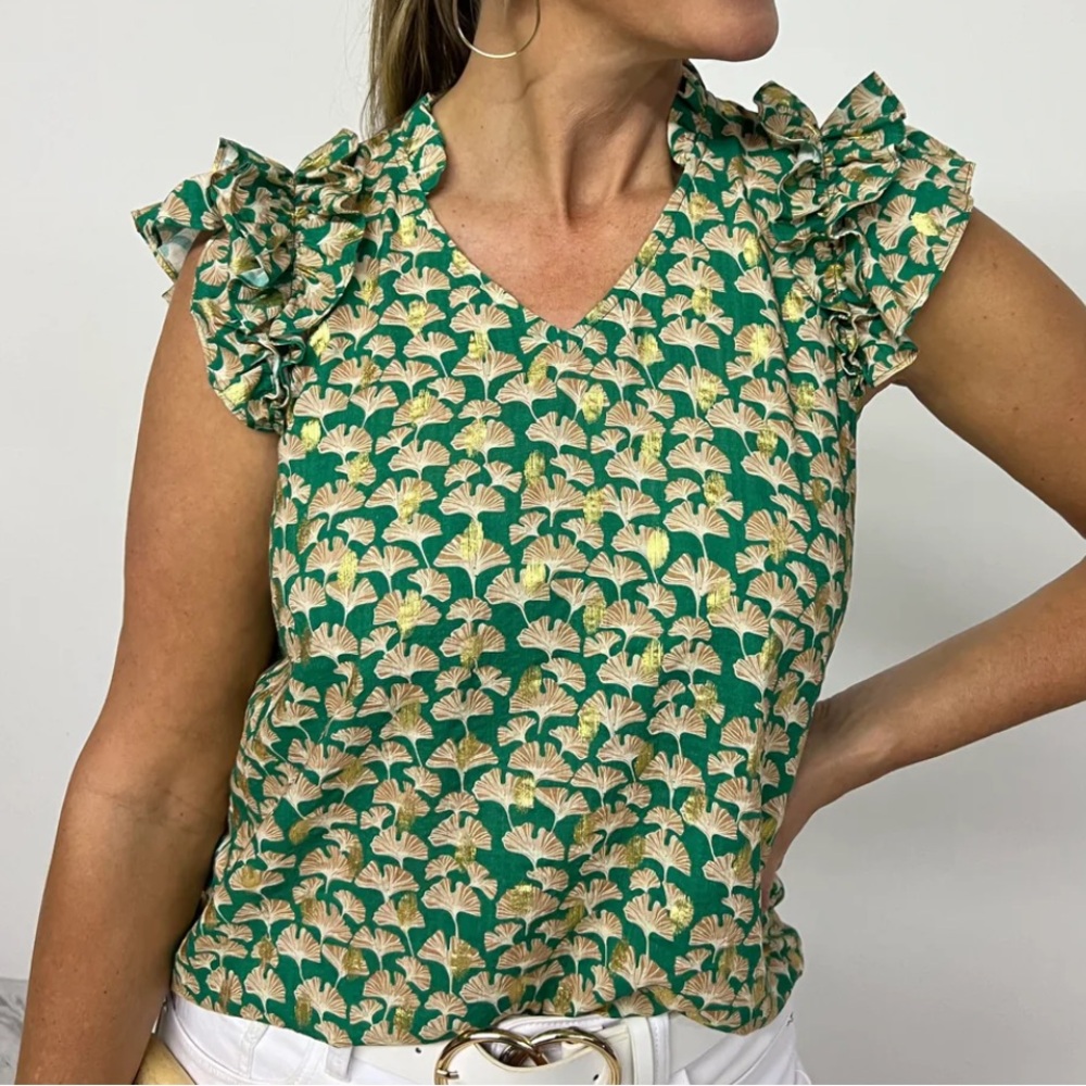 Periwinkle Collection Boutique Green Metallic Gold Printed Ruffle Blouse